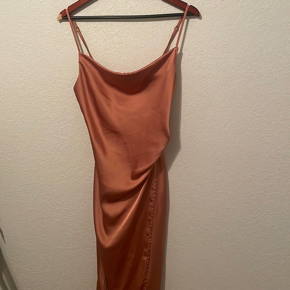Rose pink Draped Ruched Satin Cami Dress with adjustable spaghetti straps.